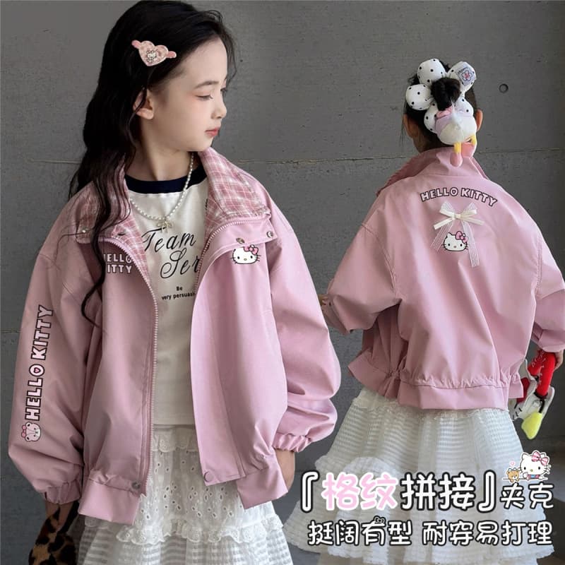 HelloKitty Hello Kitty Girls Spring Jacket 2026 Plaid Collar Splicing Three-dimensional Cut Jacket Outerwear