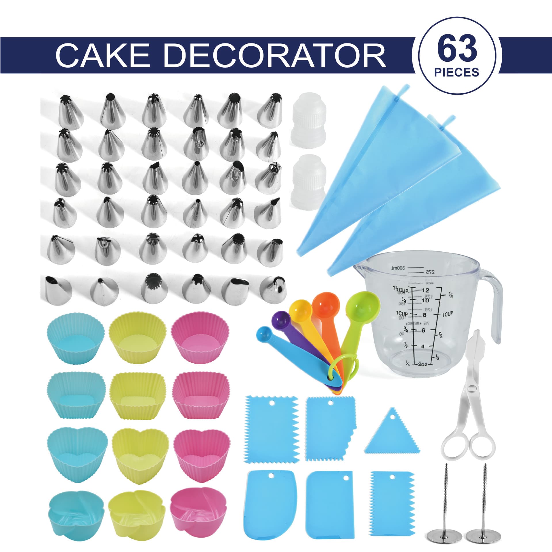 Stainless steel decorating tip silicone muffin cup measuring cup scraper set 63-piece cake cream decoration baking tools