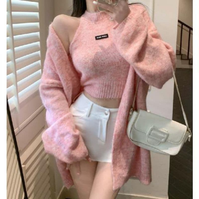Women's Cardigan Sweater Set Fall Winter New Maillard Soft Vest Top Two-Piece Lazy Style Trendy Mid-Length