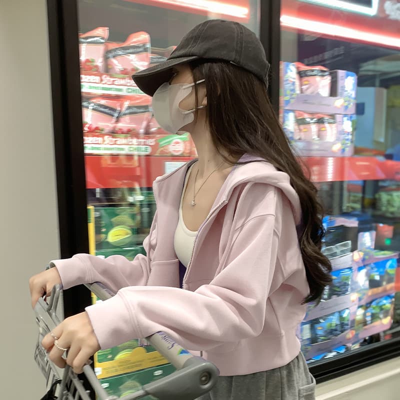 Short Hoodie Jacket for Women Spring Autumn Korean Style Petite 2025 New Casual Pink Versatile Zip-Up Top