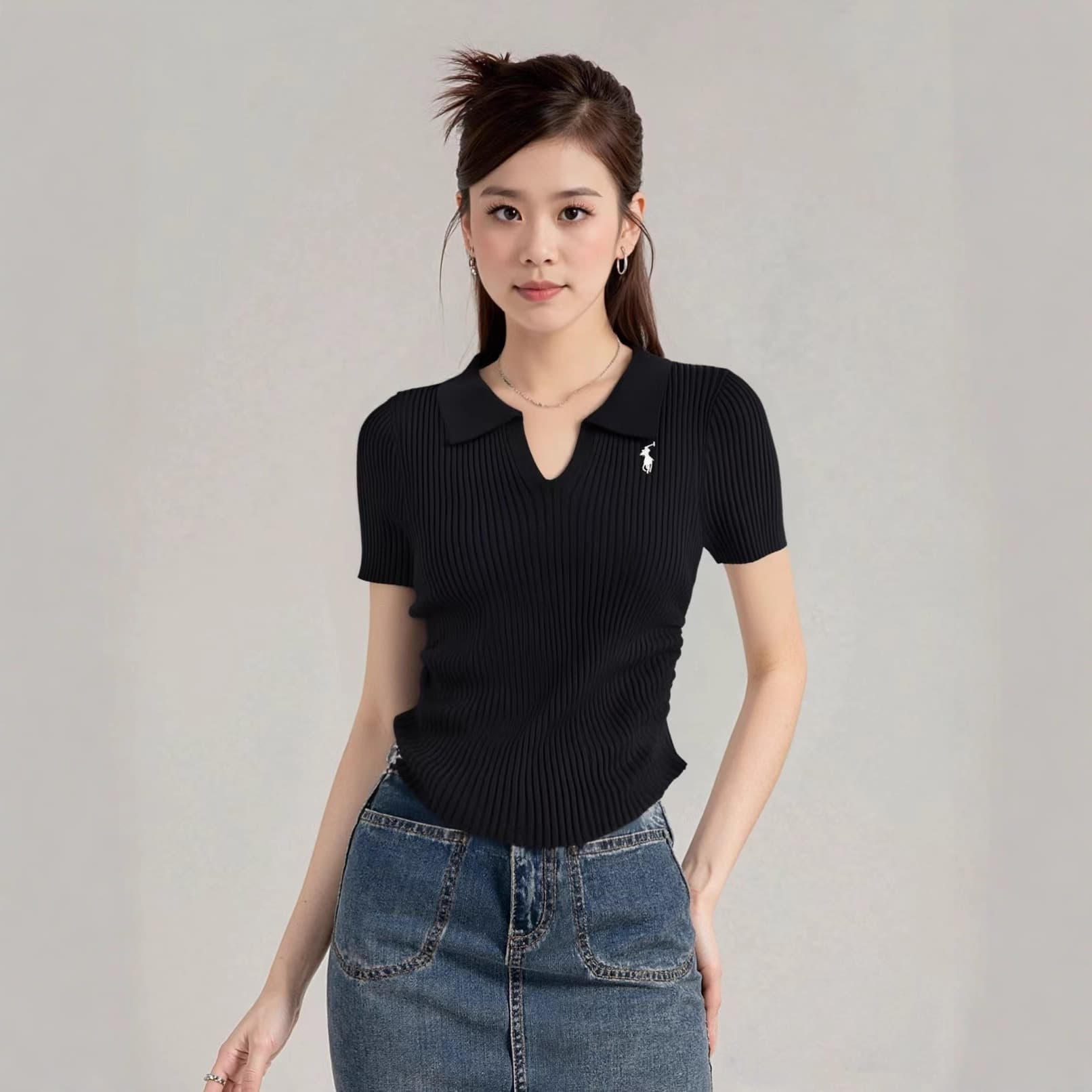 New Pony Embroidered Knitwear Short-Sleeved Solid Color T-Shirt Women's Summer New High-End Outerwear Unique and Chic Top