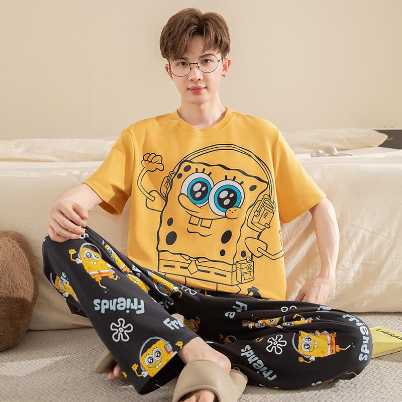 Youth Cartoon Student Casual Pajamas Men's Cotton Short Sleeve Long Pants Thin Spring Autumn Homewear Set