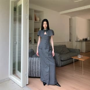 2026 Vietnamese Niche Design Gray Cotton Notch Lapel Small Cape Bustier Slim Double-Breasted Jumpsuit Elegant
