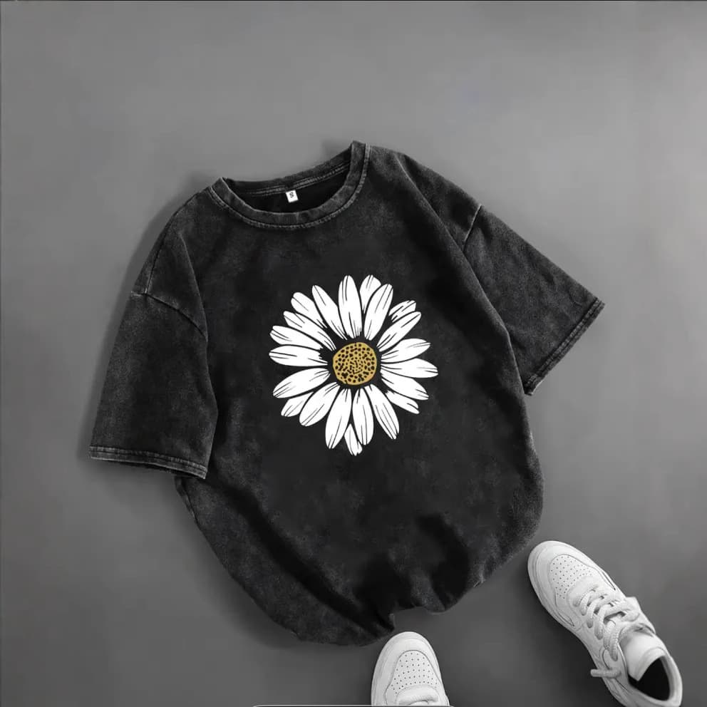 Overseas Trade Daisy Sunflower Print Loose Minimalist Stylish Versatile Women's Crew Neck Regular Shoulder Short Sleeve T-Shirt