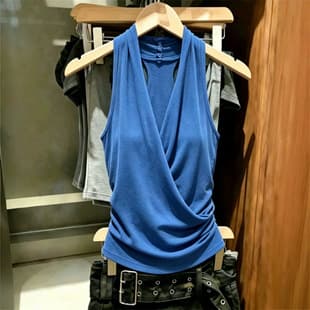 High-End Blue V-Neck Halter Sleeveless Vest Women Summer 2026 New Unique Stunning Top