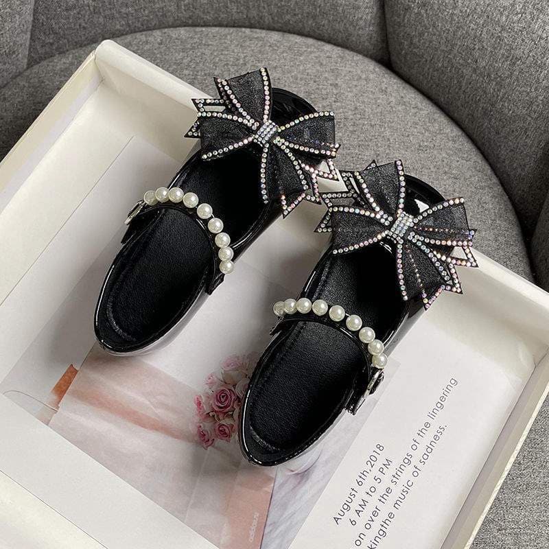 Girls' flats soft sole princess leather shoes, 2025 spring and summer new style children's shoes with bow pearl rhinestone