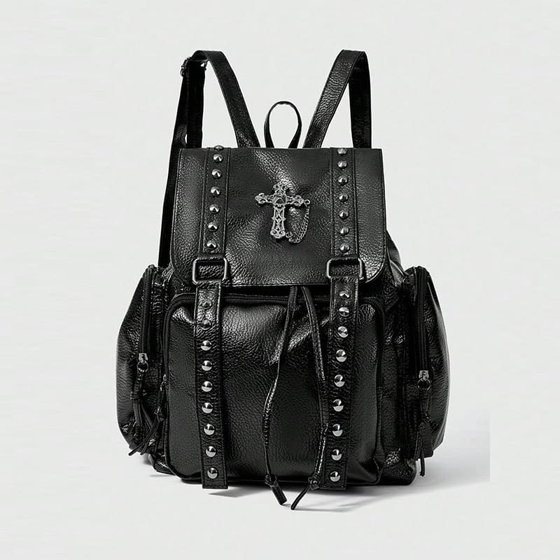 Cross-border Foreign Trade Washed Lychee Pattern PU Leather Rivet Moto Biker Style Backpack Cross Double Shoulder Bag Large Capacity Women's Bag