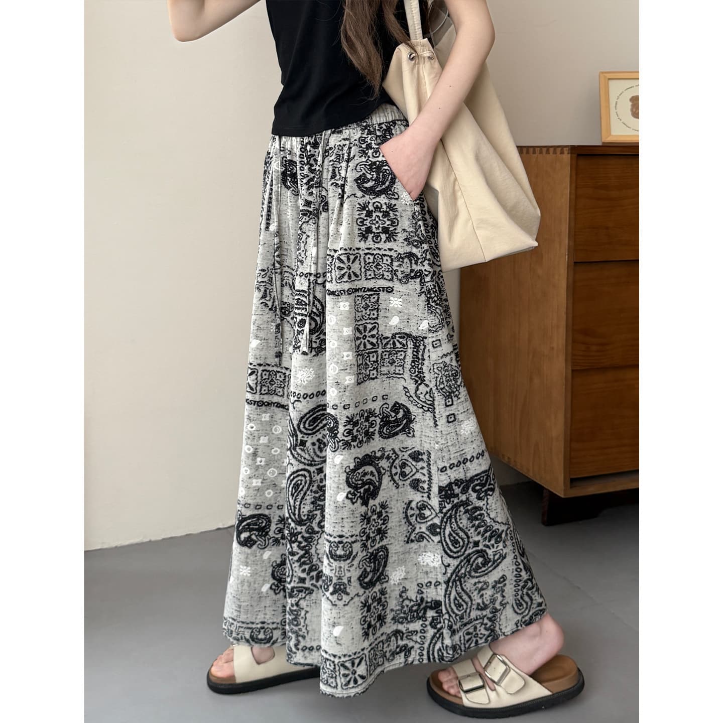 Blue-gray High-Waist Ice Silk Skirt Pants for Women Summer New Print Commuter Style Loose Slimming Long Pants Casual Wide-Leg Pants