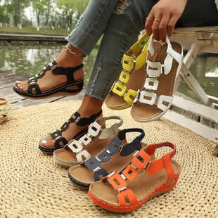 2025 New European and American Style Wedge Sandals Women Thick Sole Peep Toe Metal Buckle Roman Sandals Summer Large Size Comfortable Women