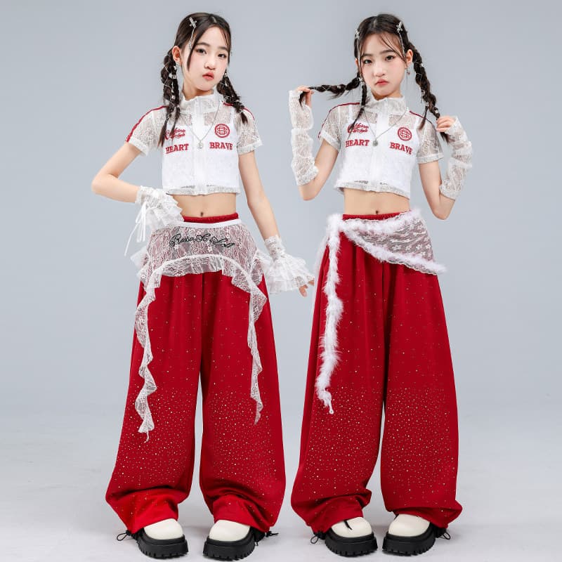 Girls' Jazz Dance Costume Cool Street Dance Girls Red Rhinestone Dancewear Jazz Runway Show Performance Outfit for Girls