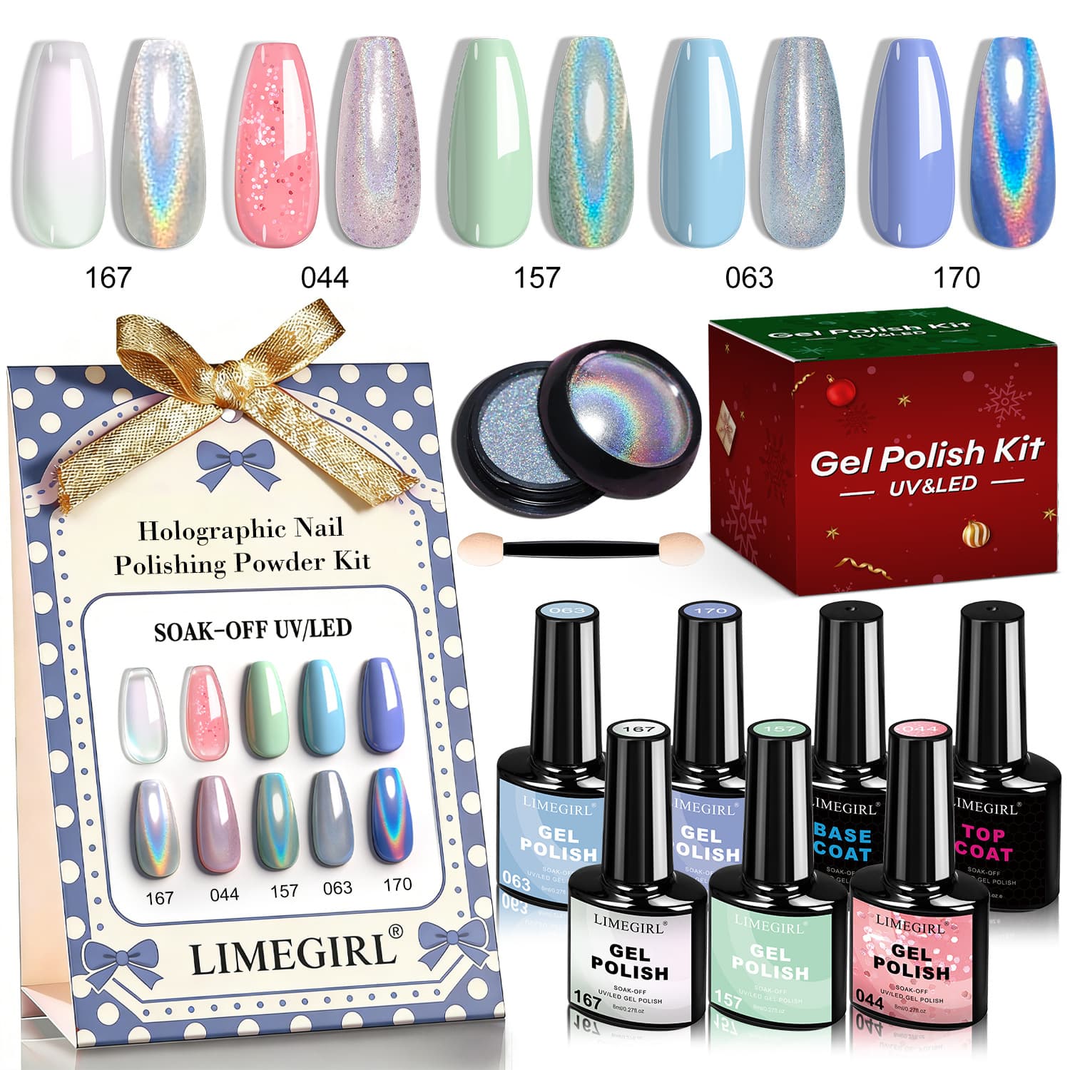 Laser Powder Gel Polish 5-Color Set with Base Coat and Top Coat, Full Kit in Gift Box