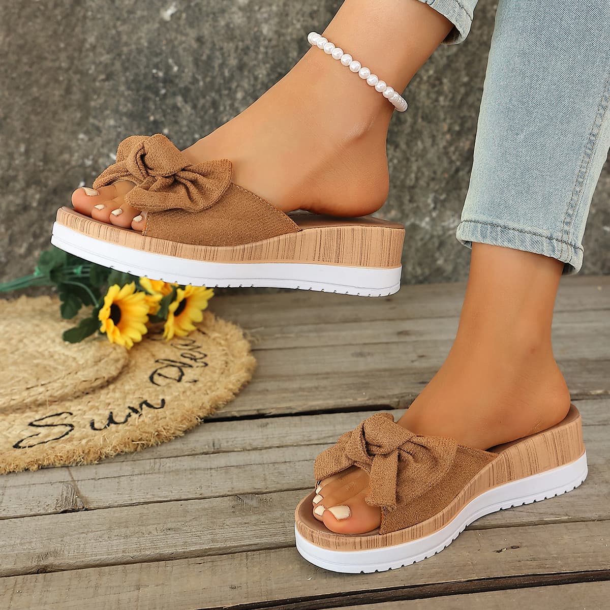 European and American Plus Size Bow Thick Sole Slippers Women Cross-border Fabric One-strap Wedge Sandals Wish Wholesale