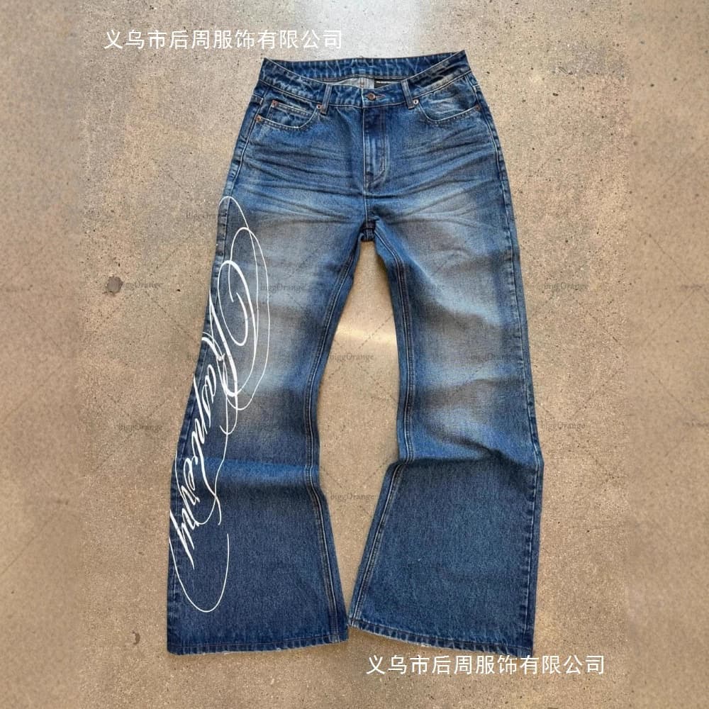 Cross-border Street 2025 Fashion High Street Retro Harajuku Blue Print Jeans Y2K Straight Leg Jeans