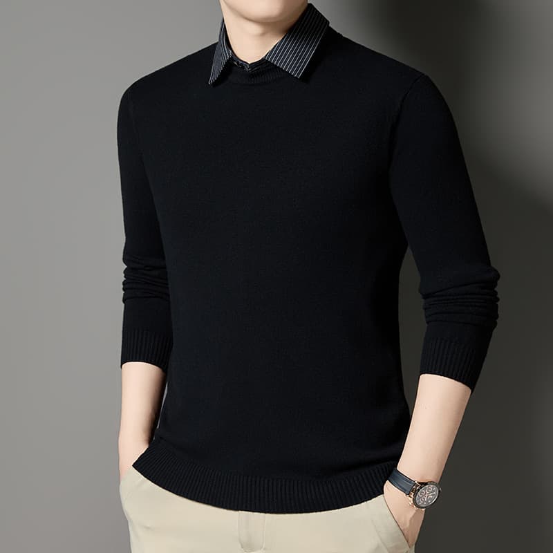 2025 Men's Business Long-Sleeve Sweater, Autumn/Winter New Style, Patchwork Faux Two-Piece Striped Lapel Knit Casual Sweater