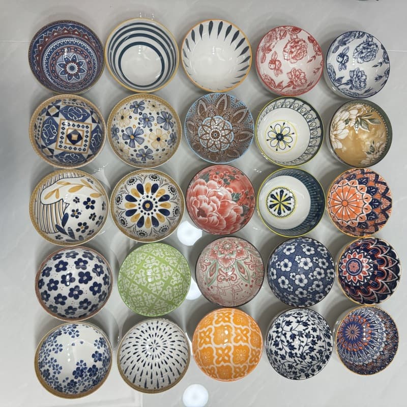 Foreign trade ceramic bowl set 4.5-inch striped golf bowl cross-border bohemian rice bowl plain package ceramic bowl