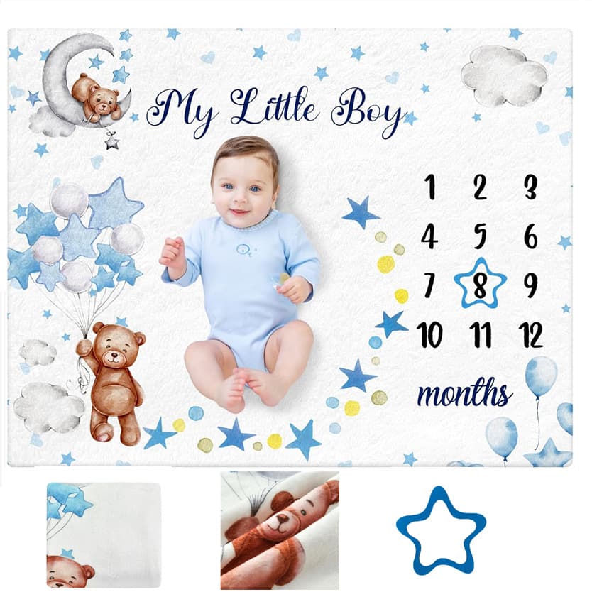 Baby Milestone Blanket, Baby Growth Record Photo Blanket, Star and Bear Print, Baby Shower Gift