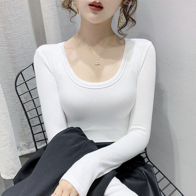Ribbed Cotton U-Neck Layering Tee for Women, Spring/Autumn New Korean Style Slim Fit Low Neck T-Shirt Top