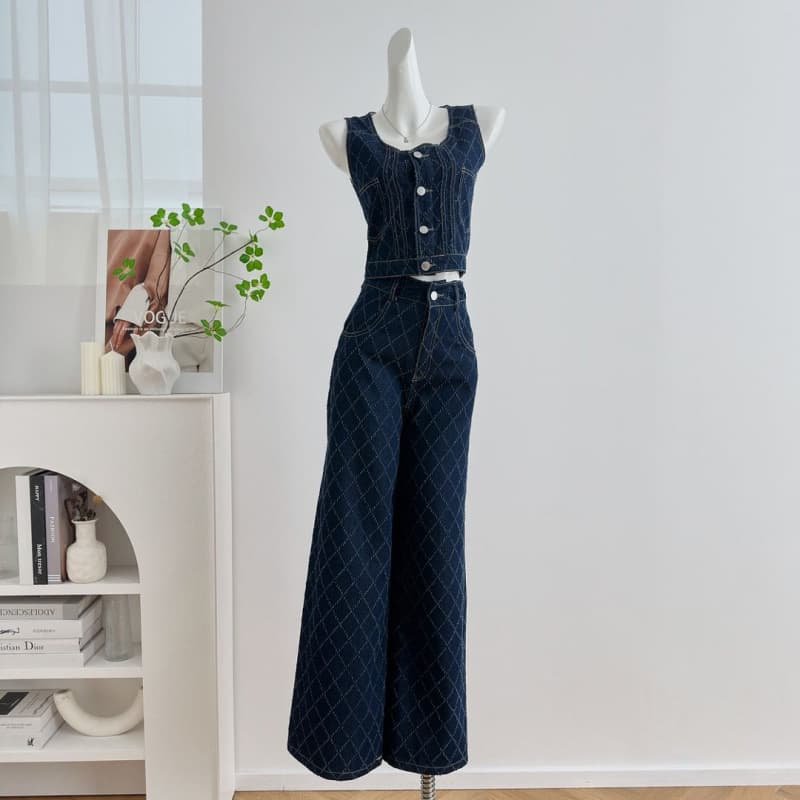 Chestnut Cocoa Bankelili' Vintage Diamond Quilted Crochet Denim Vest / Denim Straight-Leg Pants for Women
