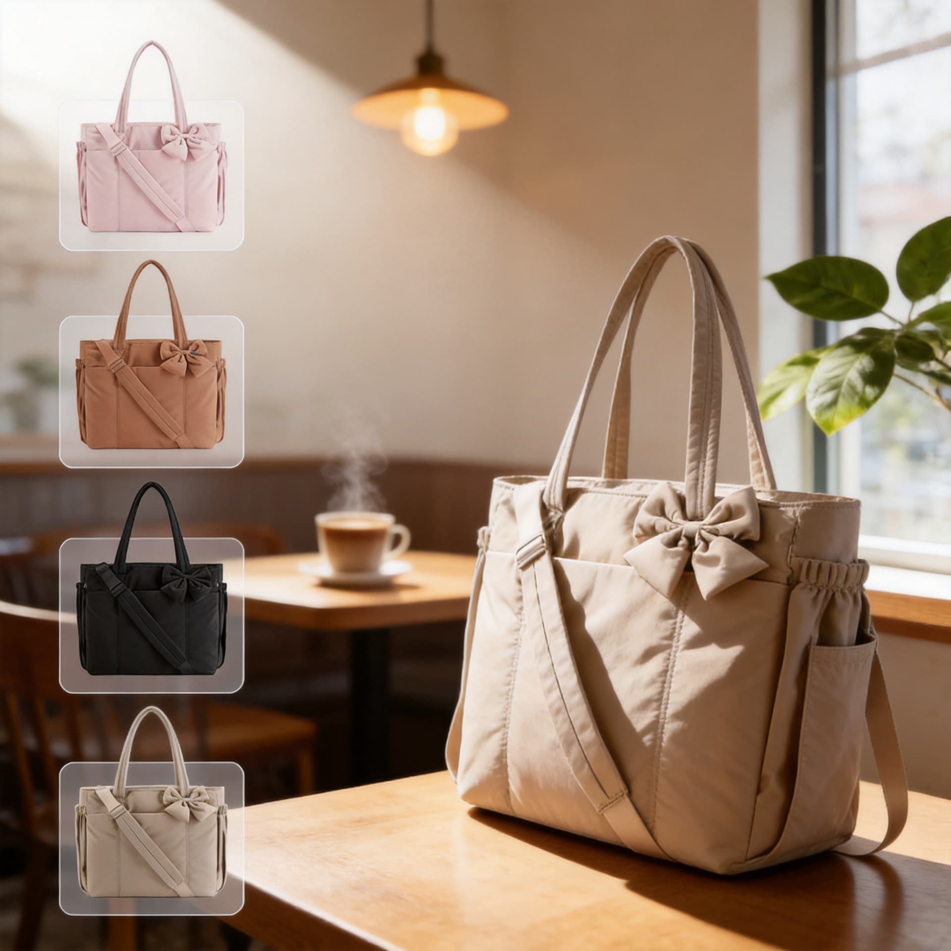 Korean Style Bow Large Capacity Nylon Tote Bag for Women Cross-border New Simple Versatile Commuter Handbag Shoulder Bag