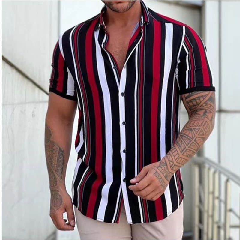 Cross-border Simple Men's New Shirt Cool Striped 3D Digital Printing Casual Hawaiian Short-Sleeved Cardigan Top