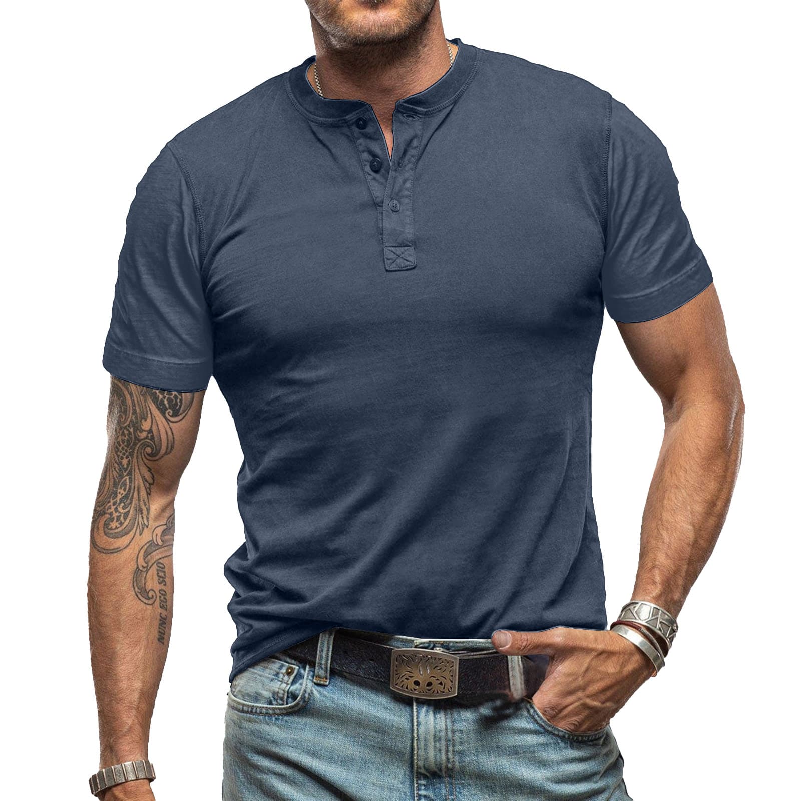 2025 Summer European and American Men's Short Sleeve Crew Neck T-Shirt Men's Henley Shirt Casual European and American Style
