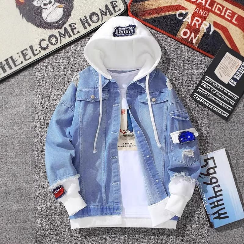 Men's Spring and Fall Trendy 2025 Youth Patchwork Denim Jacket Student Casual Hooded Baseball Jacket
