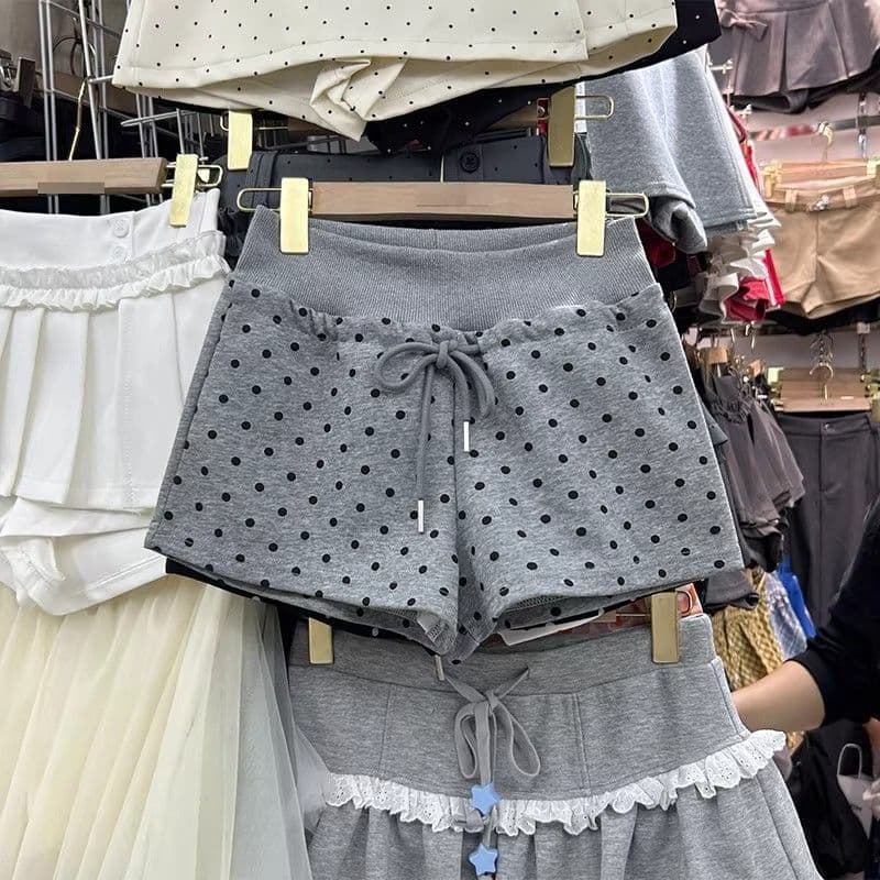 Gray Polka Dot Drawstring Sports Shorts for Women, 2026 Spring/Summer New Style, Petite Fit, Slimming and Casual