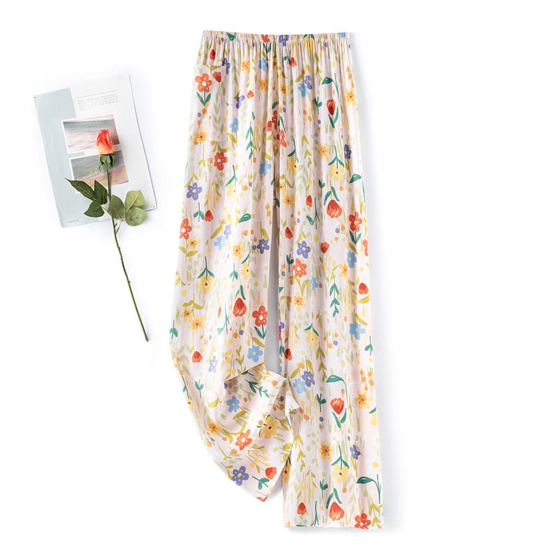 Women's Cotton Silk Sleep Pants Summer Thin Loose Fit Plus Size Faux Silk Home Checkered Long Pants Straight Leg Can Be Worn Out