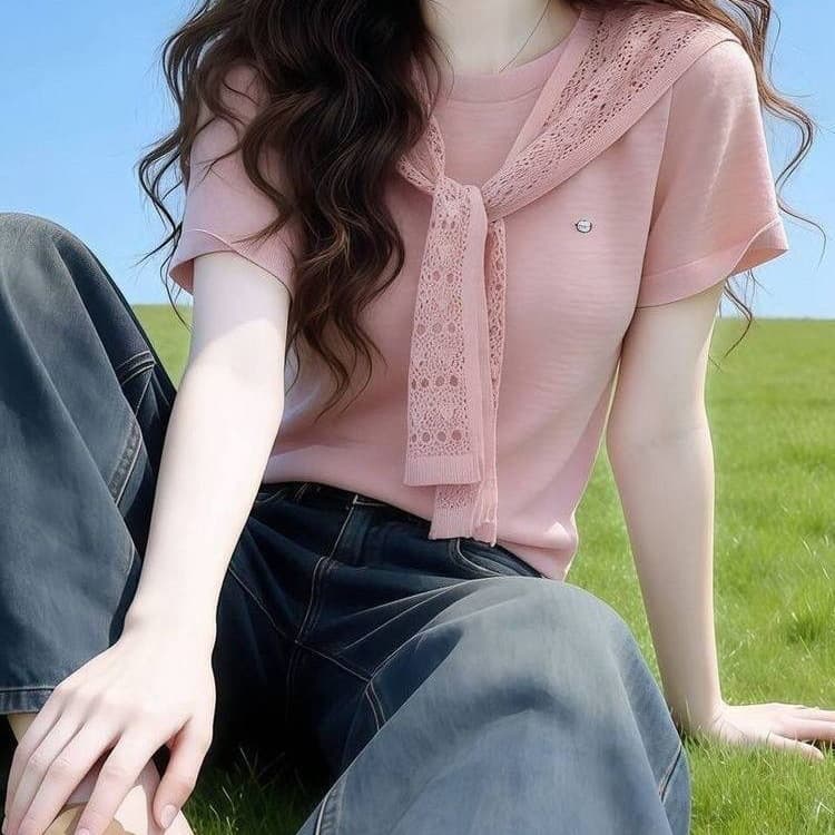 Navy Style Sweet and Gentle Pink Round Neck Shawl Slim Fit Short-Sleeved T-Shirt Summer 2026 Age-Reducing Top