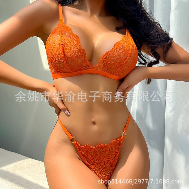 2024 New European and American Style Orange Lace Seductive Three-Point Lingerie Chain Thong Passionate Sexy Set for Women