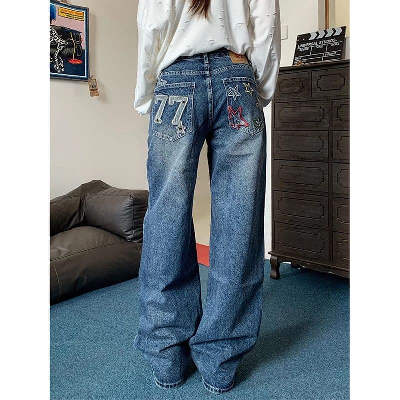 In Stock American Retro Star Embroidery Wide Leg Jeans Women New Design High Waist Loose Straight Trousers