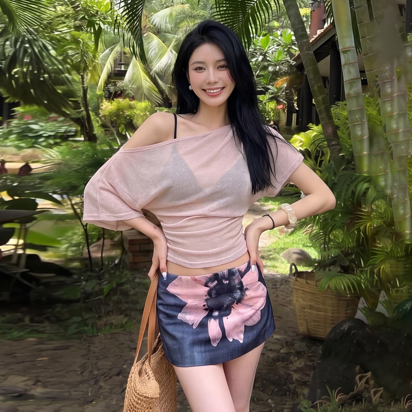 2026 European and American Cross-Border Summer New Casual Elegant One-Shoulder Mesh Print Unique Design Set for Women