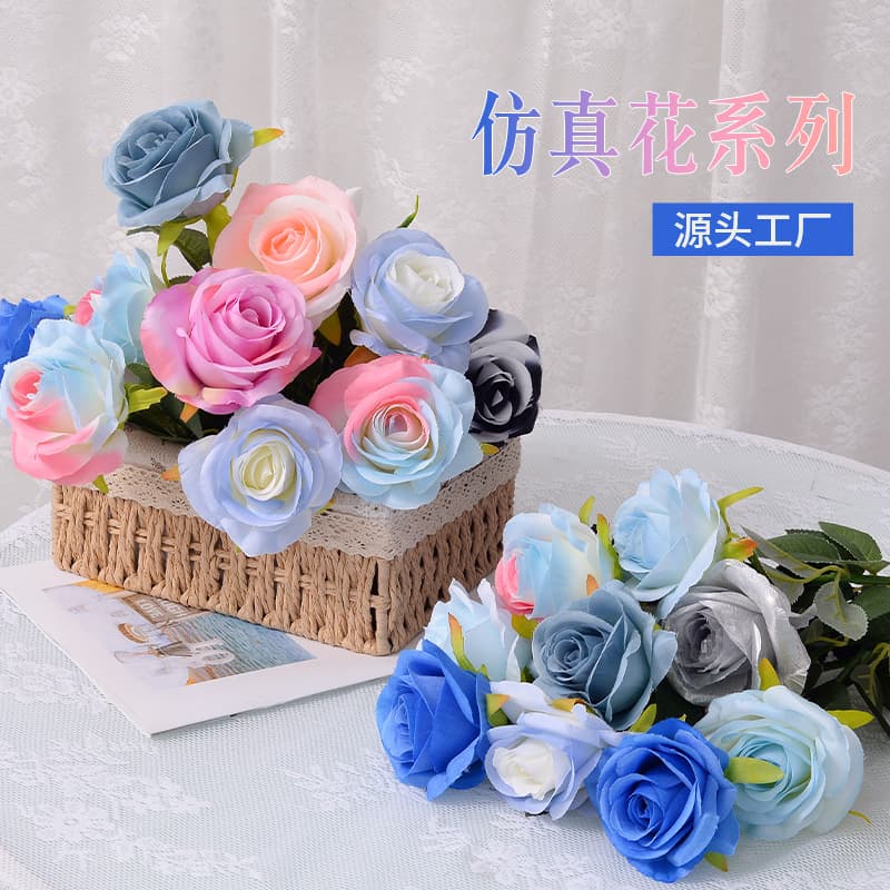 Single frosted blue artificial rose with European-style curved stem, premium indoor wedding bouquet
