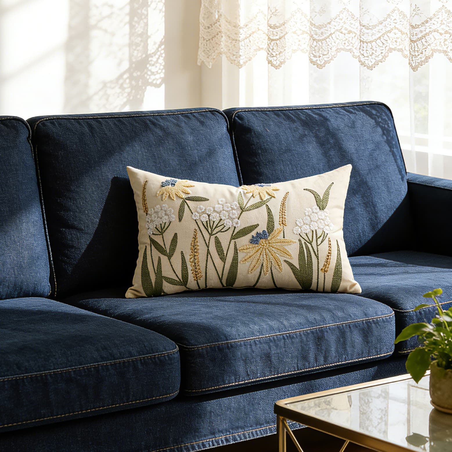 Floral Embroidered Pillow Cover, Spring Style Simple Cotton Linen Sofa Cushion Cover