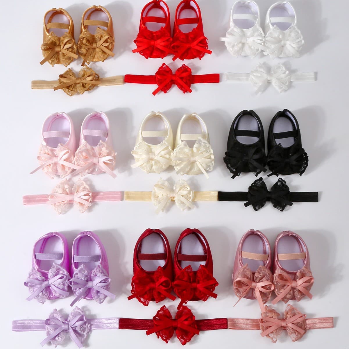 New Baby Shoes 0-1 Year, Soft Sole Walking Shoes, 3-5-8-9 Months, Lace Princess Shoes for Girls, Headband, Newborn Shoes