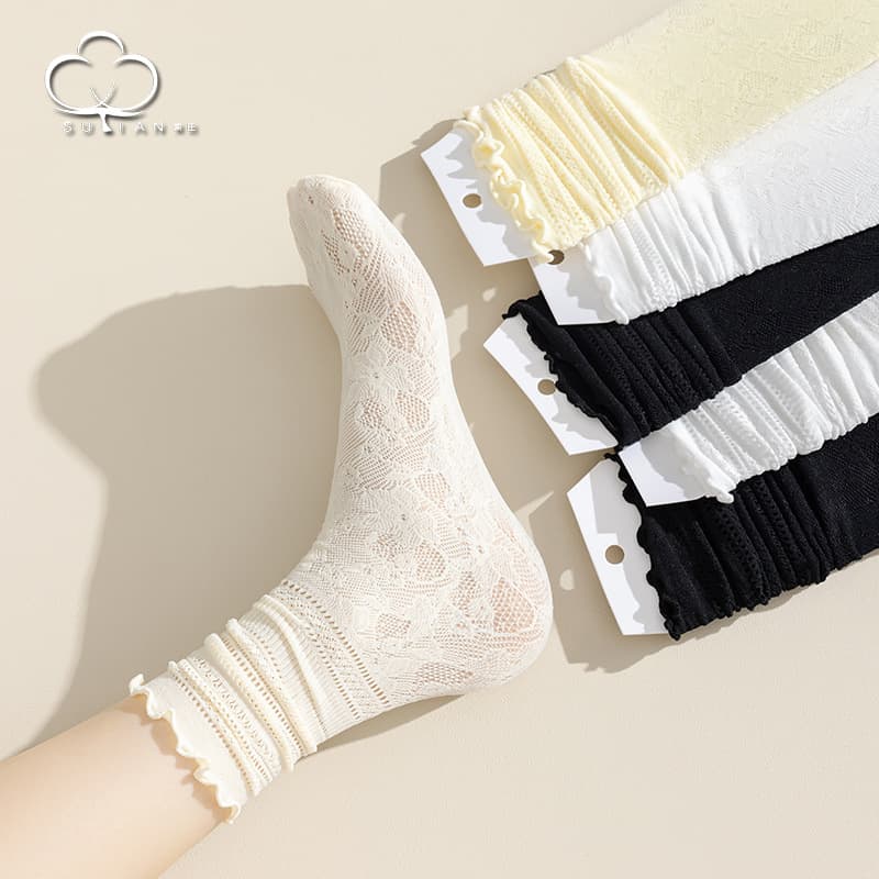 Wholesale Women's Summer Thin Hollow Breathable Lace Socks for Mary Jane Shoes, Ruffle Socks, Lace Trim Mid-Calf Socks