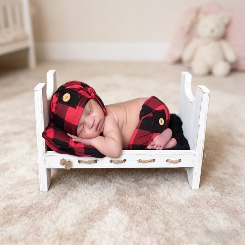 Newborn red and black checkered Christmas photography three-piece set. Baby's full moon 100 days photo studio shooting clothing and props