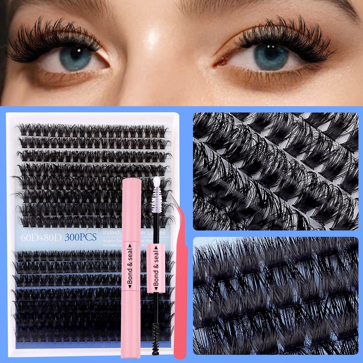 Europe and America Cross-border 300 Clusters 60D 80D DIY Dense Eyelashes Segmented D Curl Single Cluster Grafting False Eyelashes Wholesale
