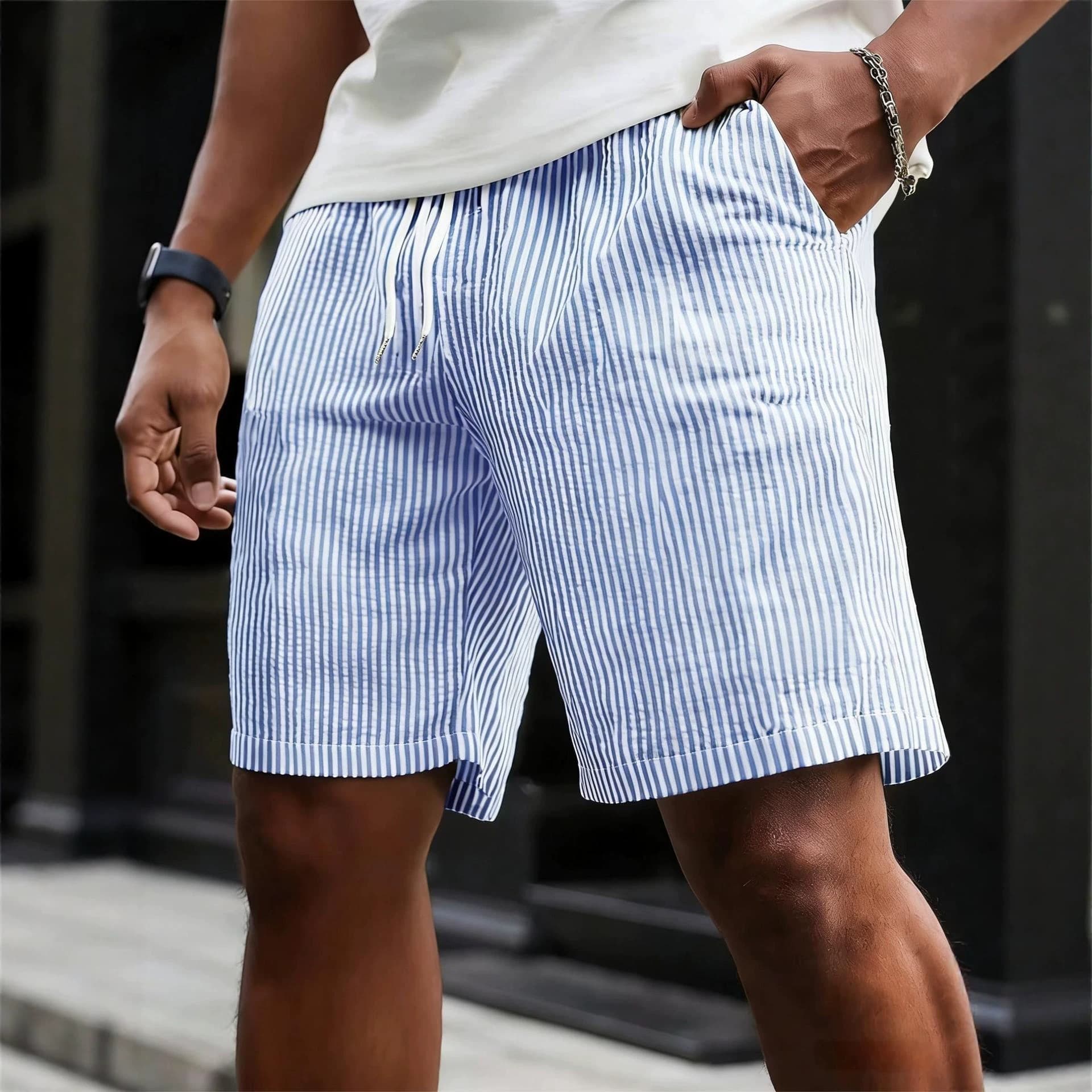 Amazon US/EU 2026 Spring/Summer Striped Drawstring Joggers Simple Straight-Leg Bermuda Shorts Men's Casual Shorts Trendy