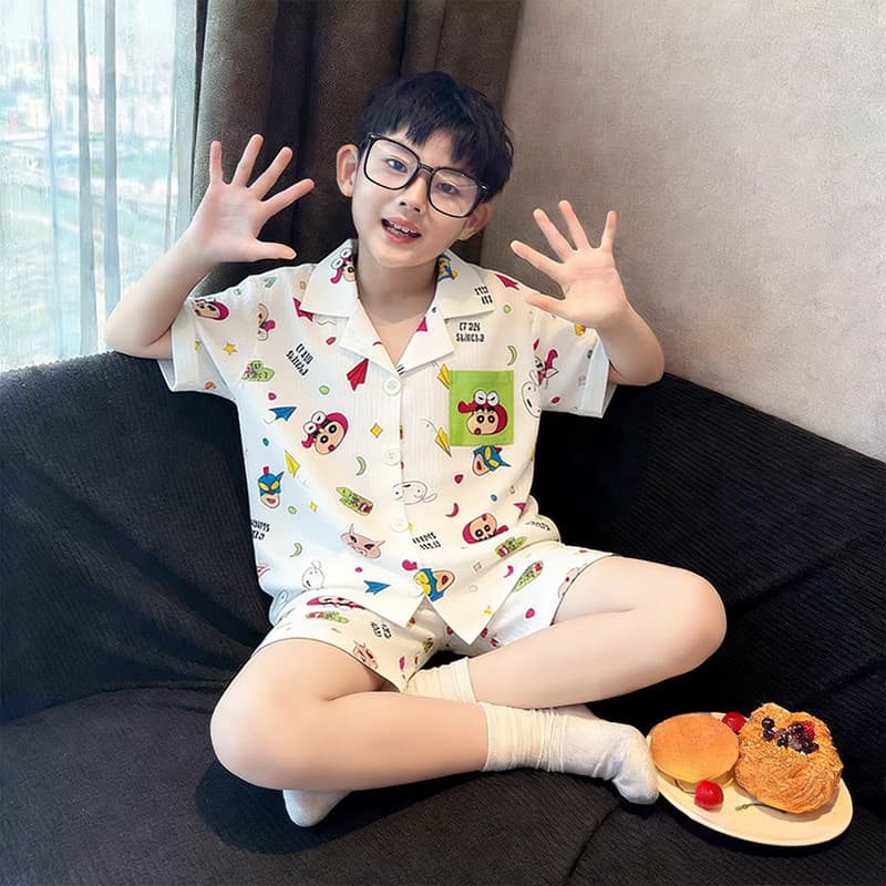 Children's Pajamas Summer Short Sleeve Cartoon Set for Boys and Girls, Toddler and Youth Homewear, Baby Turn-Down Collar Cardigan Two-Piece Set