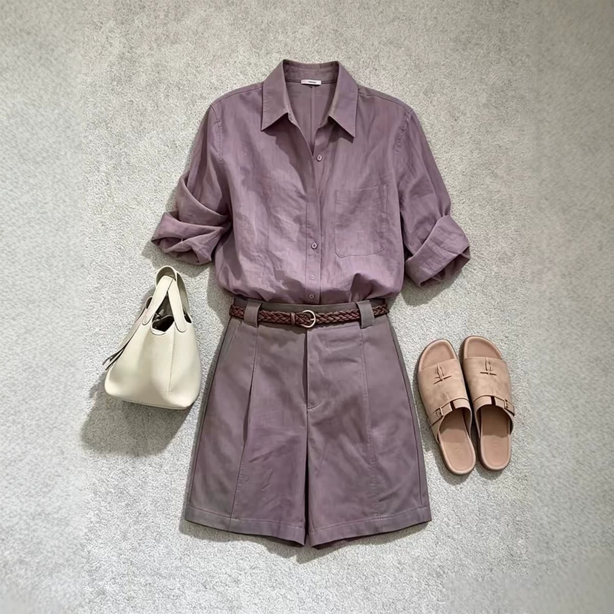 A complete set of cross-border super popular summer clothes for a small person, elegant and high-end, old money style purple linen shirt and shorts suit