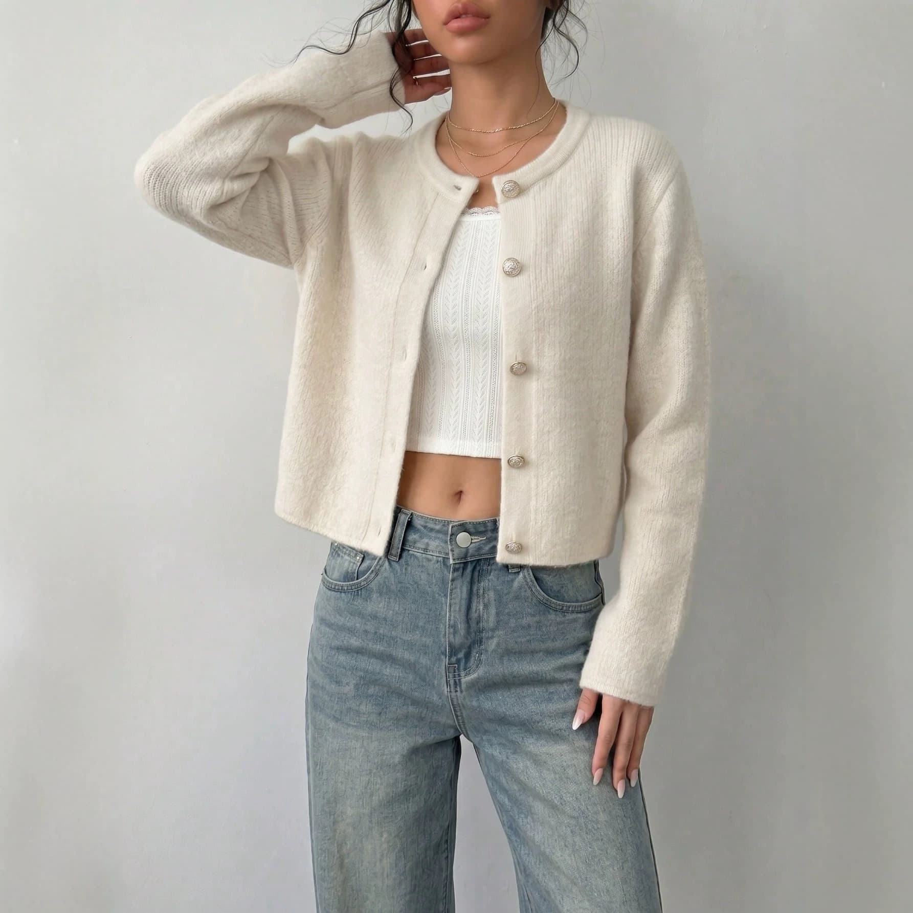 Cross-border Exclusive Autumn/Winter New Style Little Chanel Metal Button Knit Cardigan Women Short Round Neck Soft Wool Sweater Coat