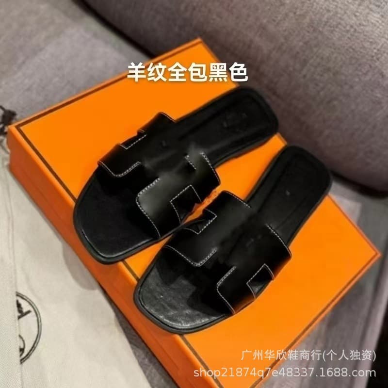 High-end Export Version H Brand Flat Sandals Classic Style One-Band Sheepskin Grain Patent Leather Women's Slippers Fast Shipping