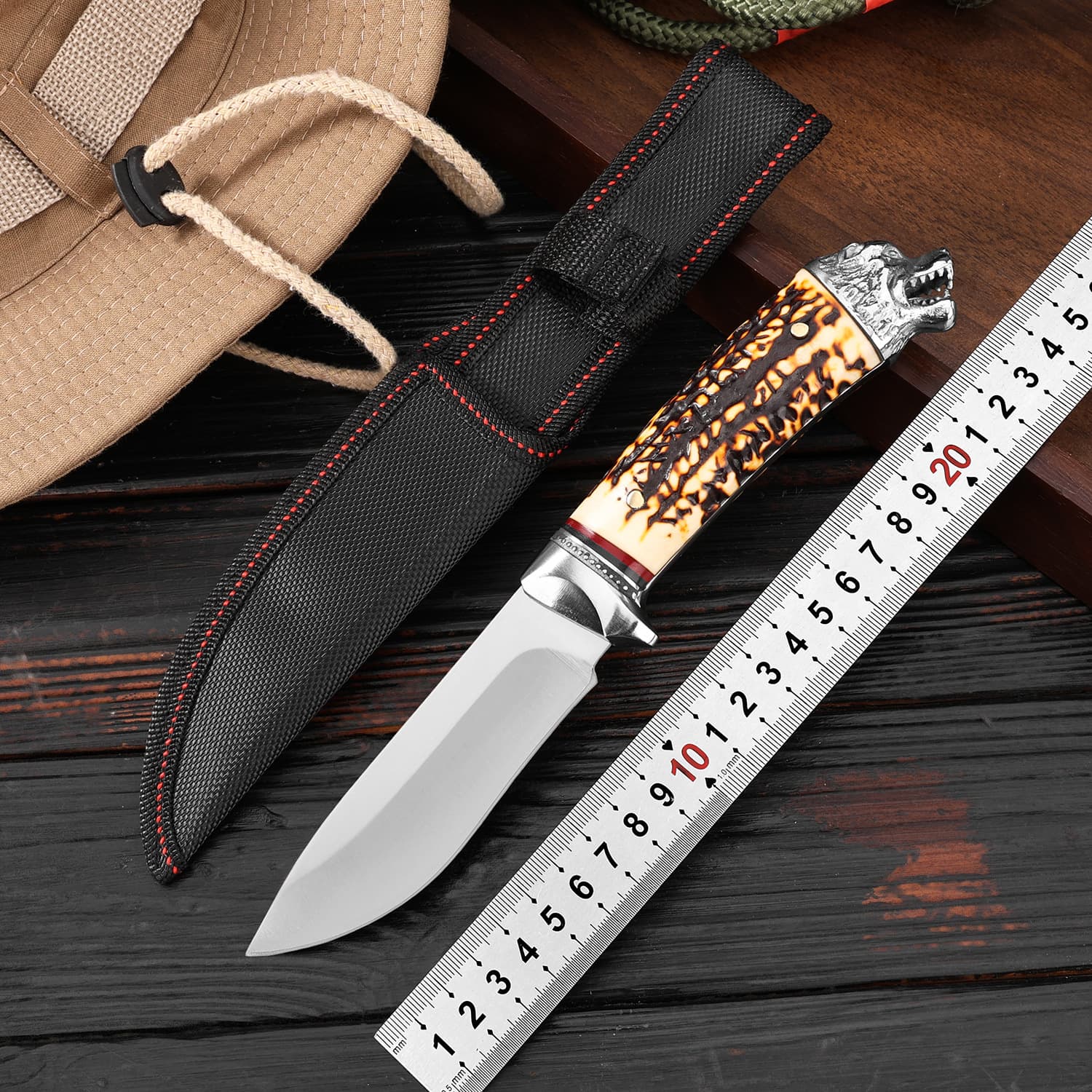 New Outdoor Hunting Knife Camping Portable Tactical Survival Knife Double Steel Head Imitation Deer Bone Multi-Purpose Knife Cross-Border Knife