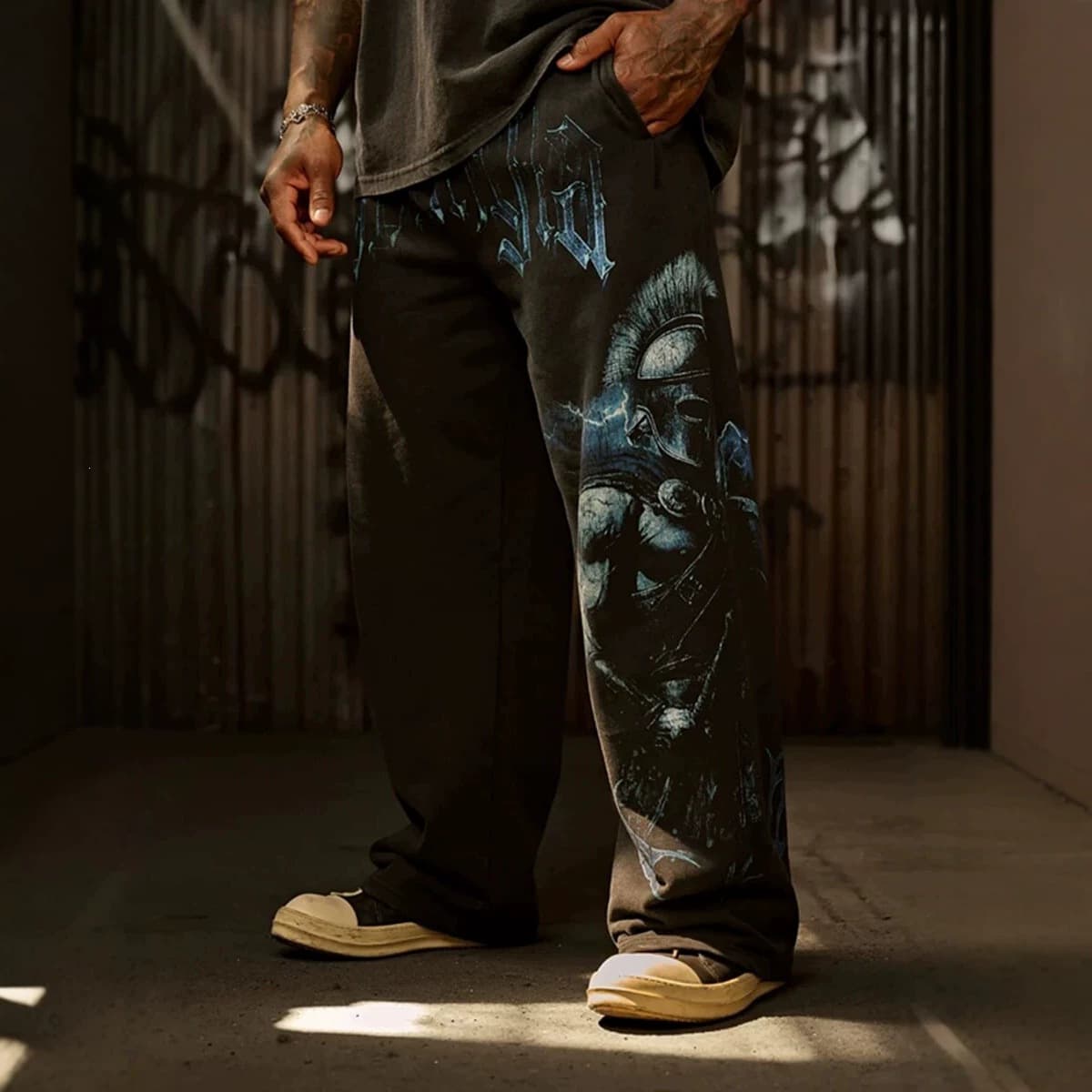 YOUNGLA 2026 New American Style Sports Pants Gym Bodybuilding Running Training Pants Cotton Printed Wide Leg Long Pants