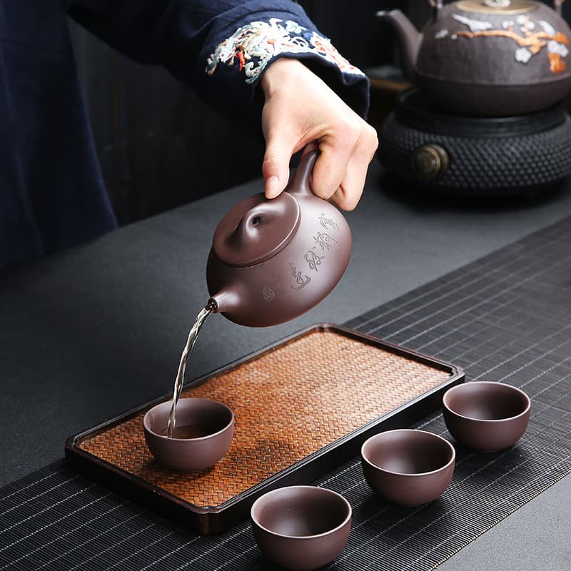 Portable Outdoor Brewing Teapot Travel Tea Set Small Kit, Home Kung Fu One Pot Four Cups Original Purple Clay Gift Box