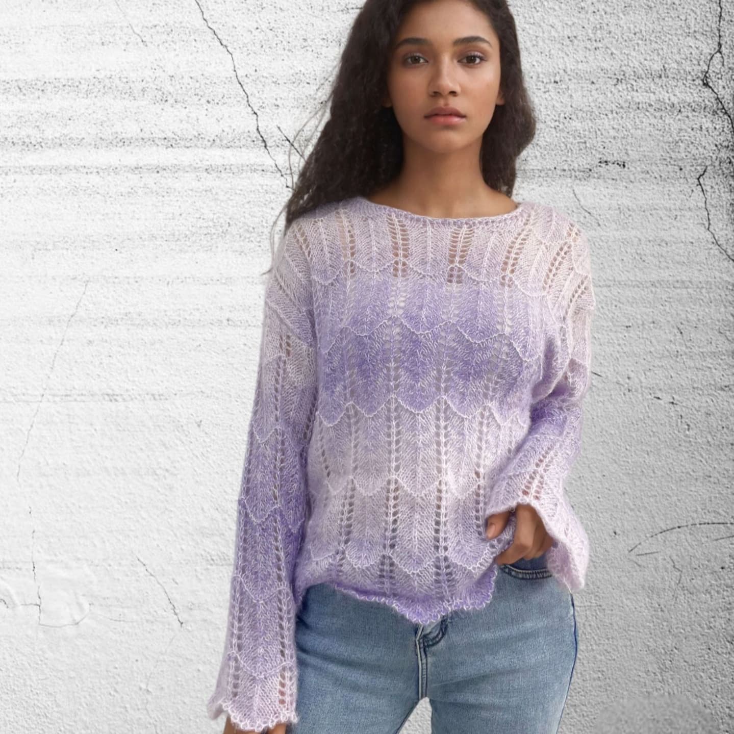 Foreign trade cross-border mohair gradient rainbow sweater women's spring/autumn long-sleeve round neck top outerwear loose knitwear
