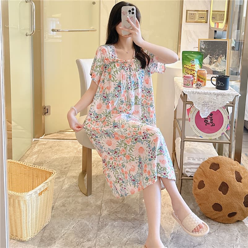 Summer Floral Print Cotton Silk Sleepwear Short Sleeve Loose Lightweight Women's Nightgown Comfortable Breathable Home Clothes