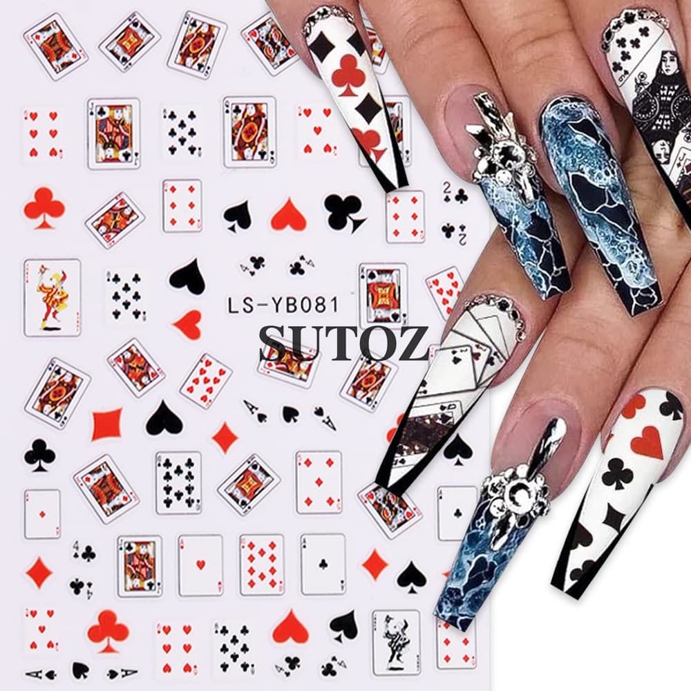 2025 Cross-border New Nail Art Stickers Ins Sweet Cool Niche Playing Cards Personalized Nail 3D Back Adhesive Stickers