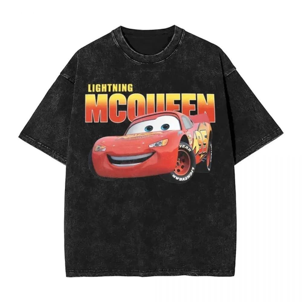 Lightning McQueen Cartoon T-Shirt Wash High Street Short Sleeve Top for Men and Women Streetwear Summer American Loose Fit T-Shirt